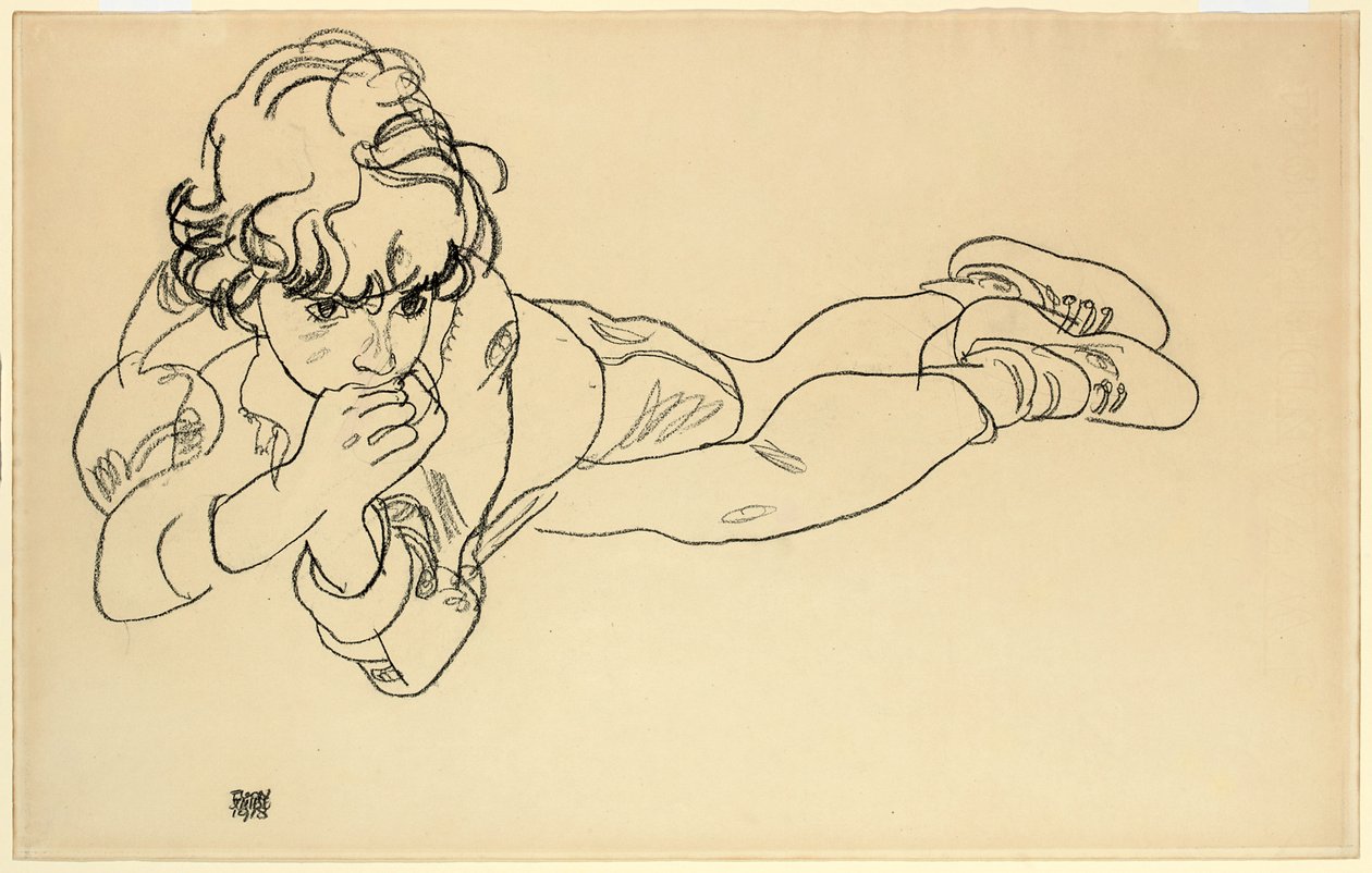 Chłopiec leżący na brzuchu, 1918 autorstwa Egon Schiele