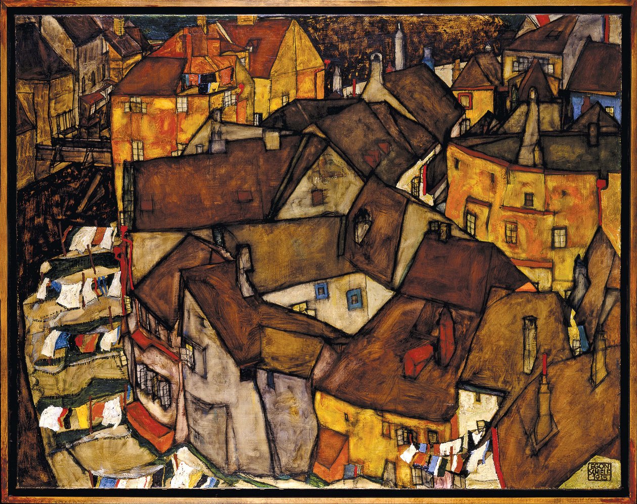 Croissant de maisons, Krumau (actuelle Cesky Krumlov, Tchecoslovaquie) - Półksiężyc domów, Krumau (Małe miasto V), autorstwa Schiele, Egon (1890-1918). olej na płótnie autorstwa Egon Schiele