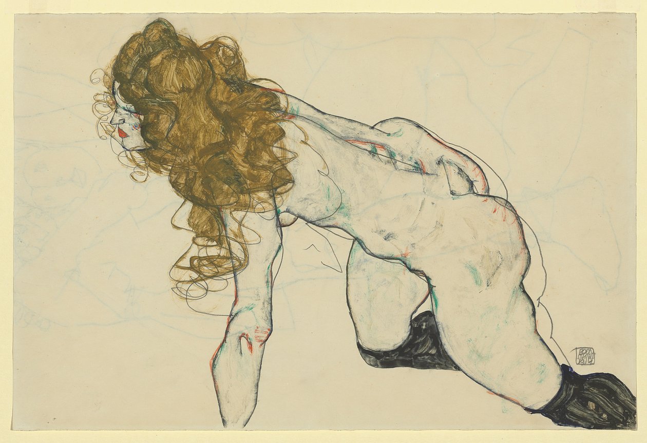 Przyczajona naga kobieta z blond włosami i opuszczonym lewym ramieniem (odbyt) autorstwa Egon Schiele