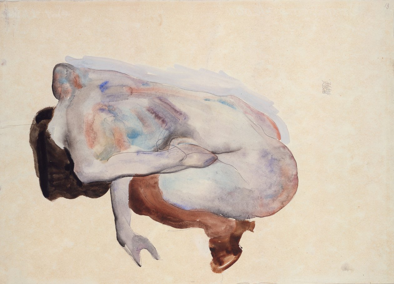 Przyczajony akt w butach i czarnych pończochach, widok z tyłu, 1912 (wc, gwasz i grafit na papierze) autorstwa Egon Schiele