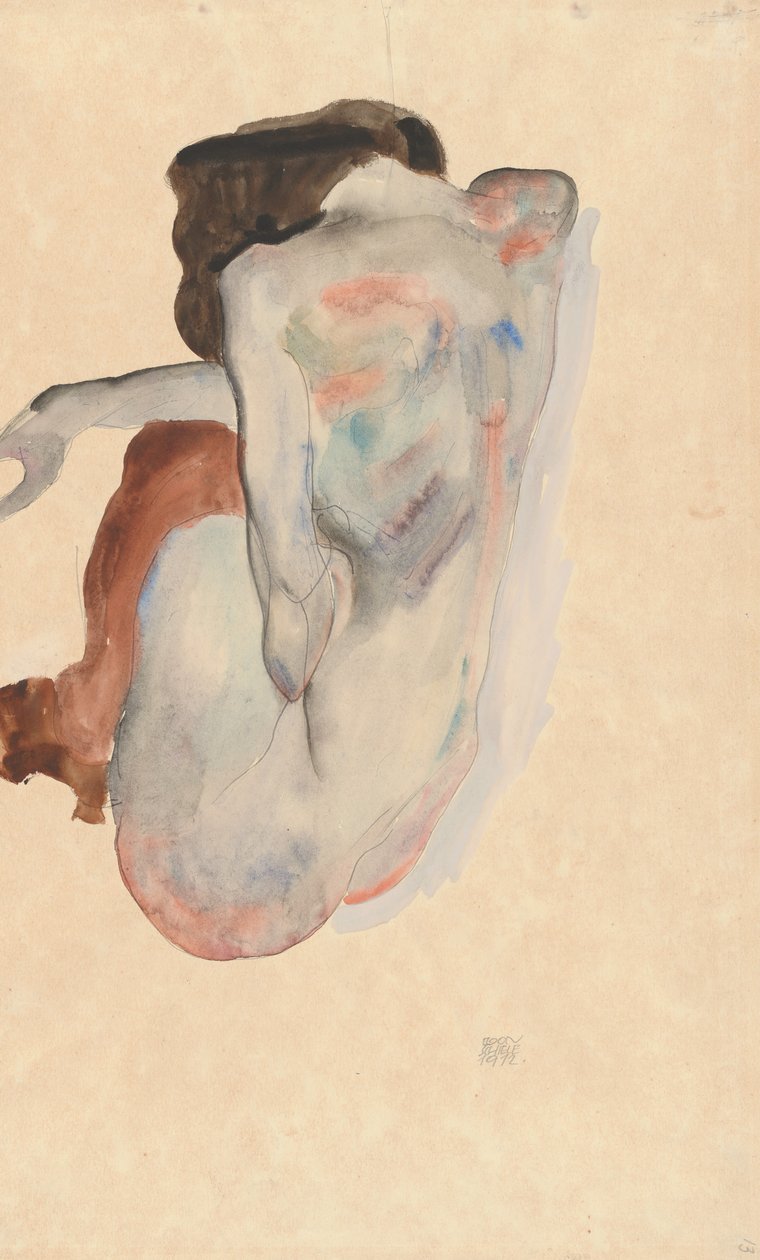 Przyczajony nago w butach i czarnych pończochach, widok z tyłu, 1912. autorstwa Egon Schiele