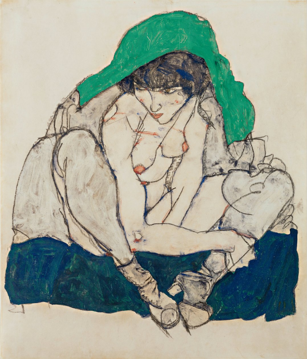 Przyczajona kobieta w zielonej chuście, 1914 autorstwa Egon Schiele