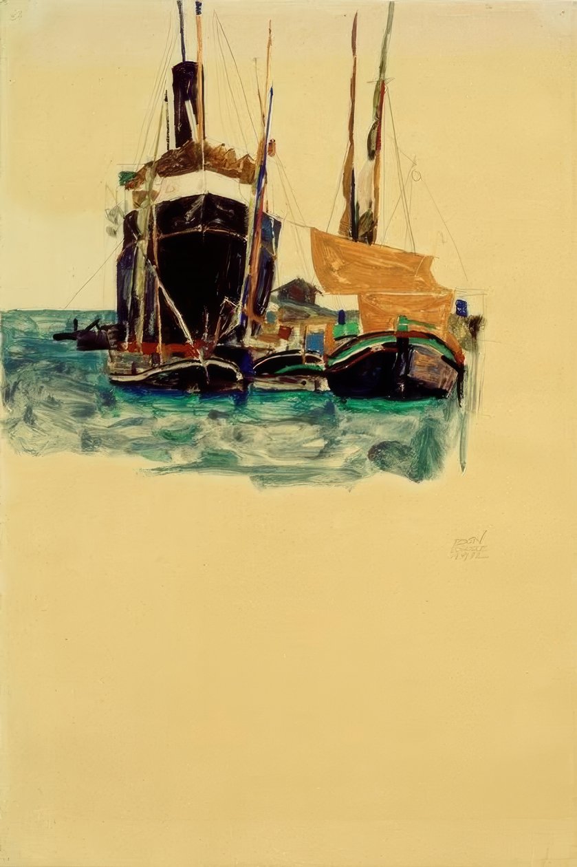 Parowce i żaglówki w porcie w Trieście autorstwa Egon Schiele