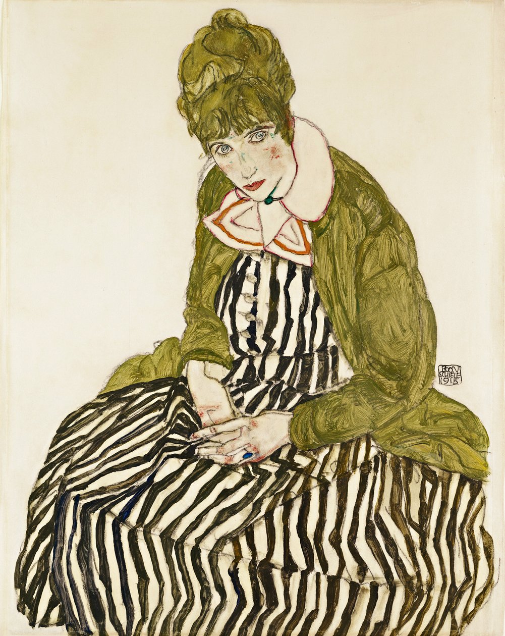 Edith Schiele w prążkowanej sukience na siedząco. Praca Egona Schiele (1890-1918), ołówek i gwasz na papierze autorstwa Egon Schiele