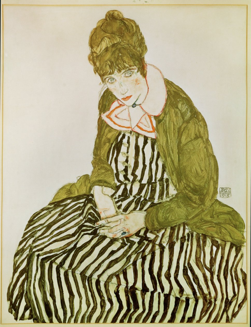 Edith Schiele, żona artysty, siedząca (gwasz, akwarela i czarna kredka) autorstwa Egon Schiele