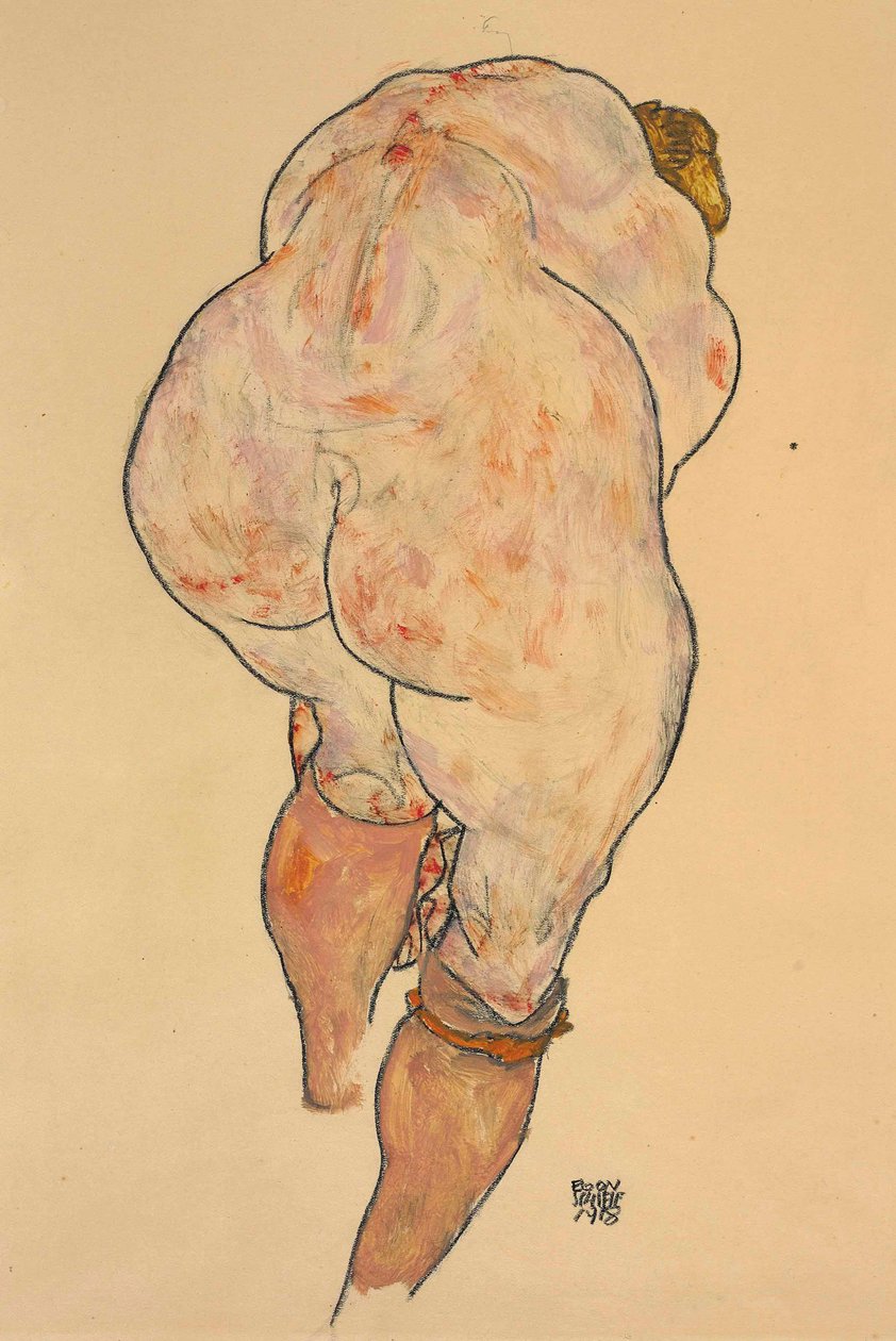 Akt kobiecy podciągający pończochy, widok z tyłu, 1918. autorstwa Egon Schiele
