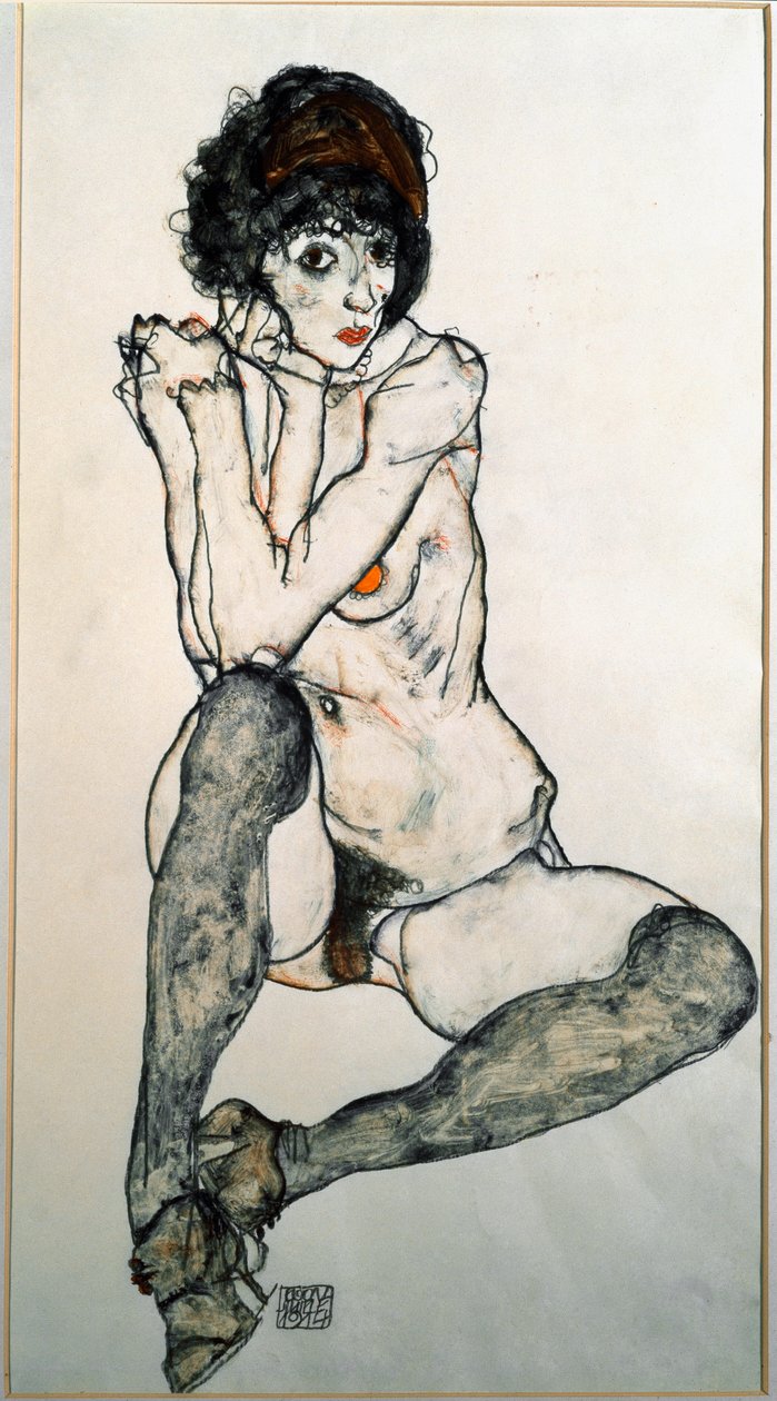 Akt kobiecy w pozycji siedzącej akwarela Rysunek autorstwa Egona Schiele (1890-1918) 1914 Wymiary 48,3x32 cm Vienna Graphic Collection Albertina autorstwa Egon Schiele