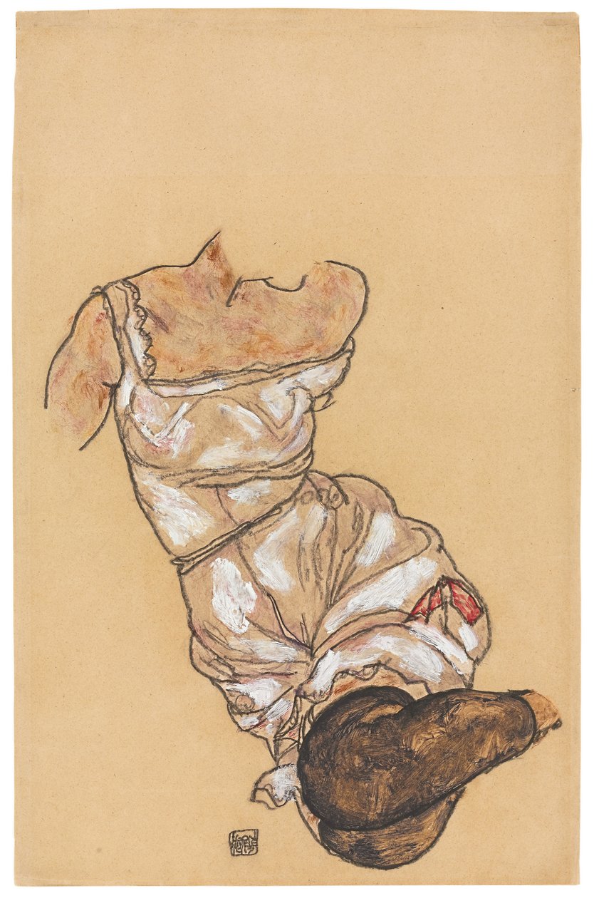 Kobiecy tułów w bieliźnie i czarnych pończochach; Kobiecy tors w bieliźnie i czarnych pończochach, 1917 autorstwa Egon Schiele