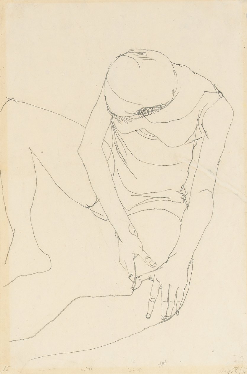 Akt kobiecy pochylony do przodu, obie ręce na lewym udzie, 1913 autorstwa Egon Schiele