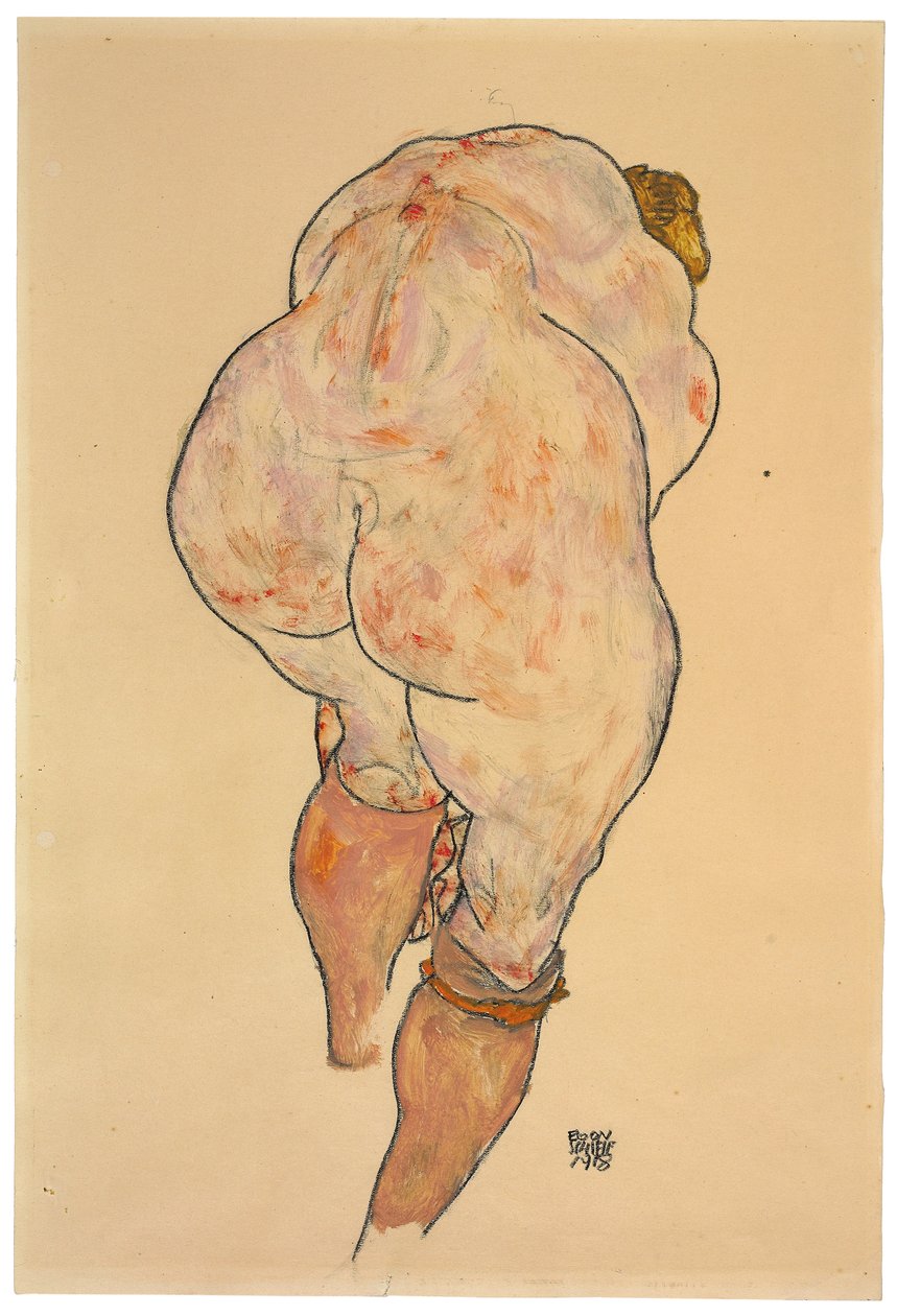 Akt kobiecy podciągający pończochy, widok z tyłu, 1918 autorstwa Egon Schiele