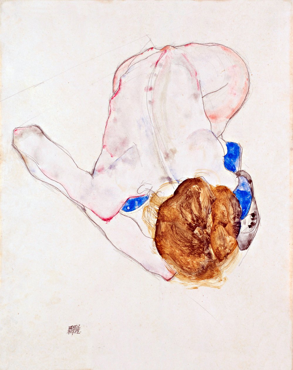 Naga kobieta w niebieskich pończochach, pochylona do przodu - Gwasz na papierze autorstwa Egona Schiele (1890-1918) autorstwa Egon Schiele