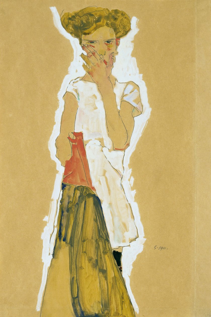 „Stojąca dziewczyna w białej halce” (Stojąca dziewczyna w białej halce) Gwasz na papierze autorstwa Egona Schiele (1890-1918) - 1911 Dim 55x37 cm Museum of Modern Art, Nowy Jork autorstwa Egon Schiele