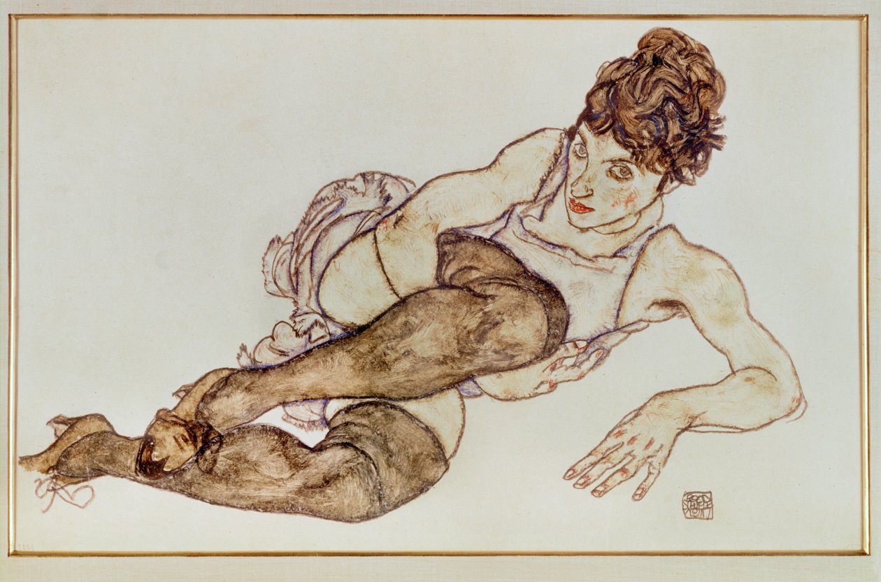 Kobieta w brązowych pończochach - Kobieta ... (gwasz i czarna kredka) autorstwa Egon Schiele