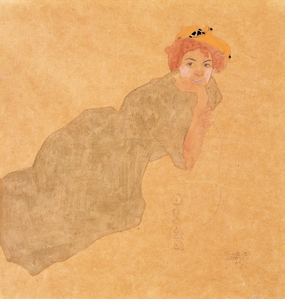 Dziewczyna w oliwkowej sukience z podpartym ramieniem, 1908 autorstwa Egon Schiele