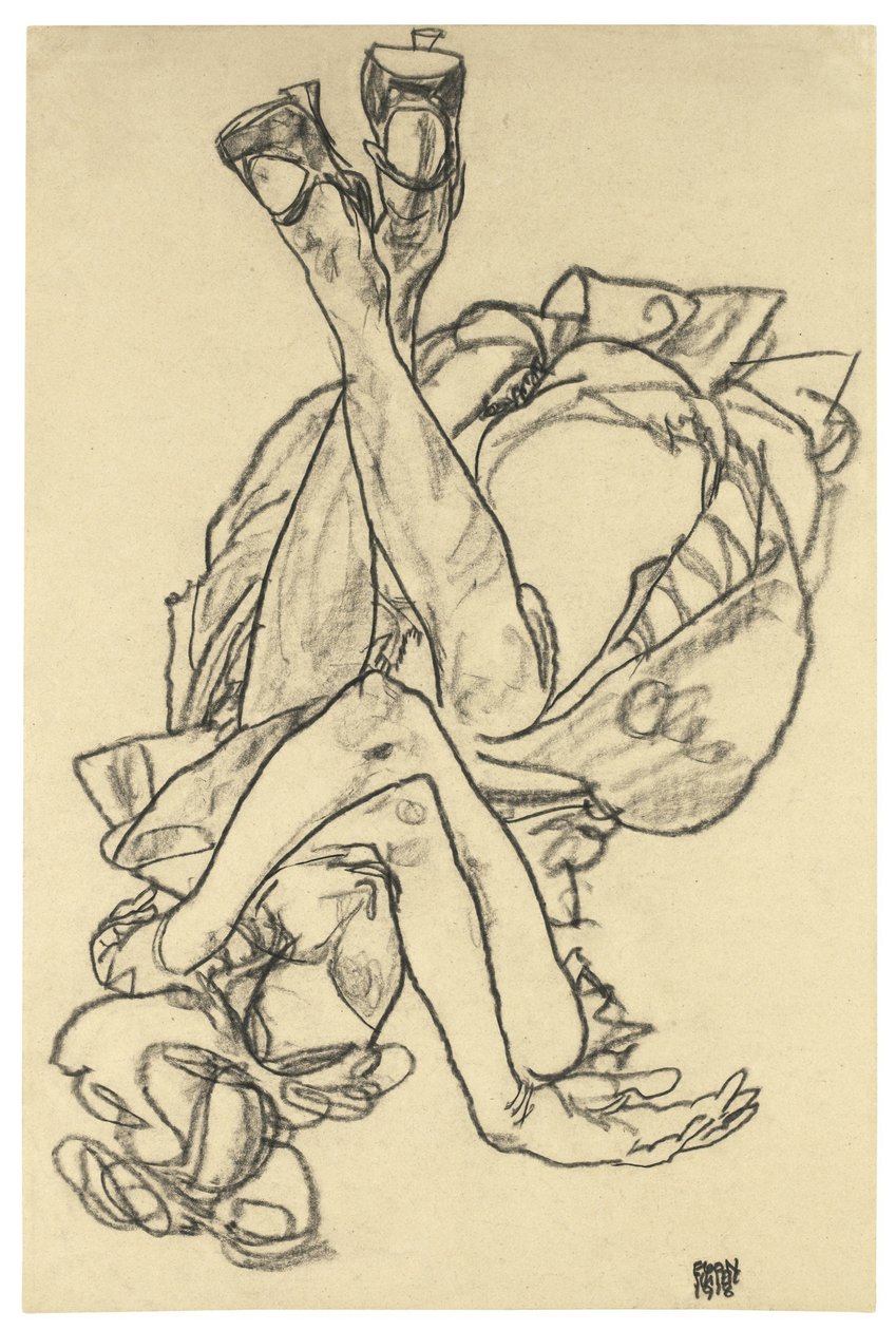 Dziewczyna leżąca na plecach ze skrzyżowanymi rękami i nogami, 1918 autorstwa Egon Schiele