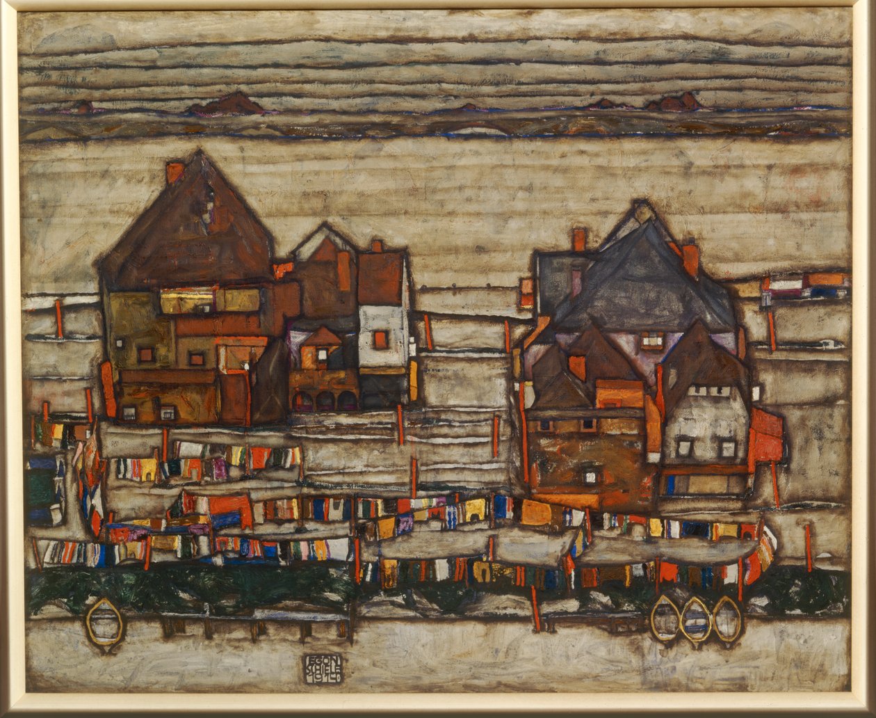 Domy i kolorowa pralnia, przedmieście, również dwa bloki domów z liniami do prania ... autorstwa Egon Schiele