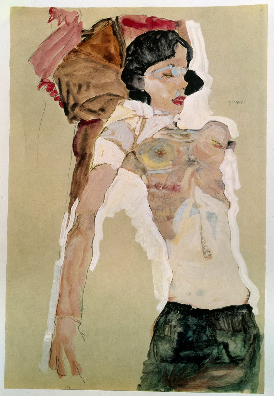 Półnaga kobieta. Rysunek Egona Schiele (1890-1918), 1911 Ołówek i akwarela na papierze. Wymiary: 45,9x31,1cm. Wiedeń, Graphische Sammlung Albertina autorstwa Egon Schiele