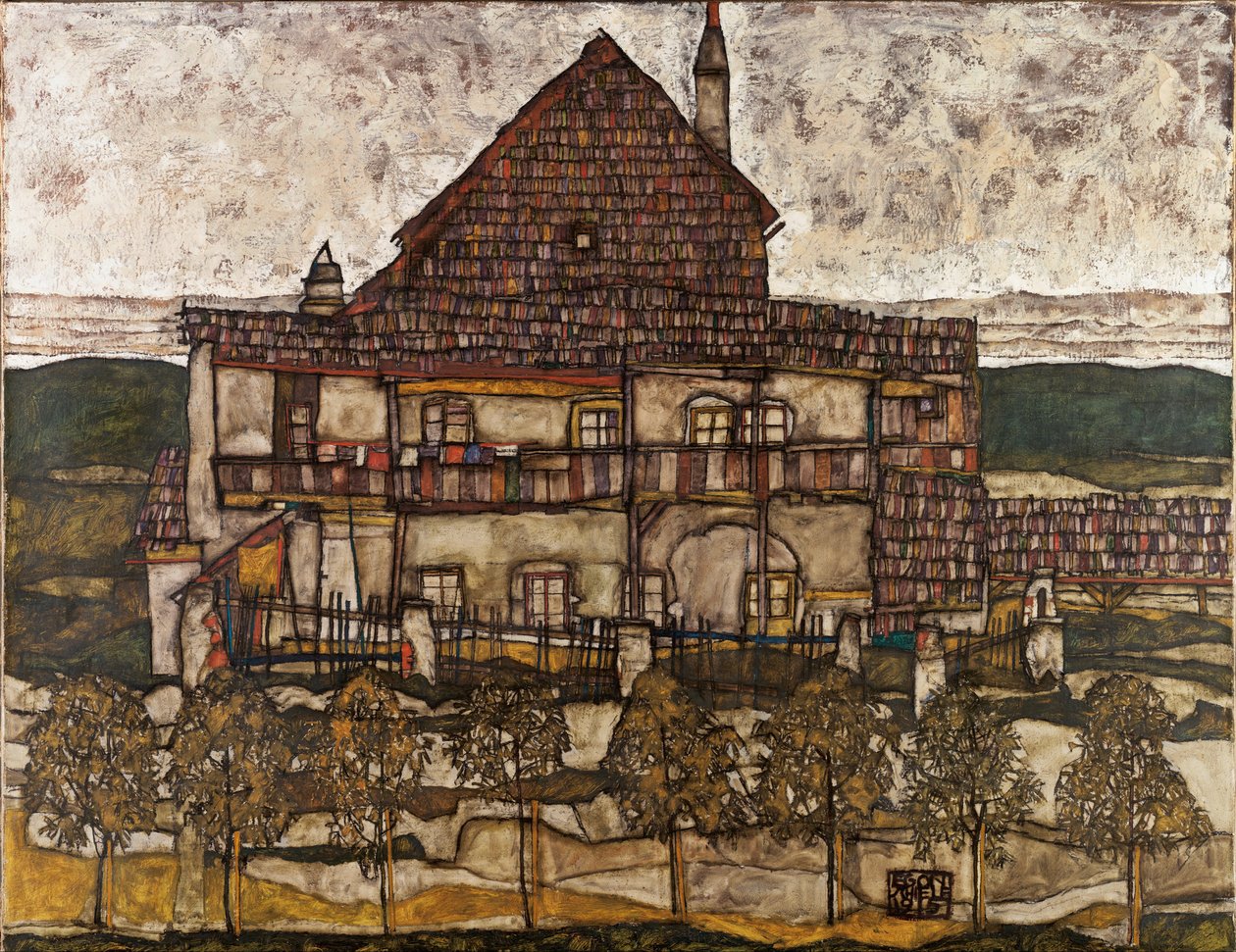 Dom z dachem gontowym (Stary Dom II) - Schiele, Egon (1890-1918) - 1911 - Olej na płótnie - 110x140 - Muzeum Leopolda, Wiedeń autorstwa Egon Schiele