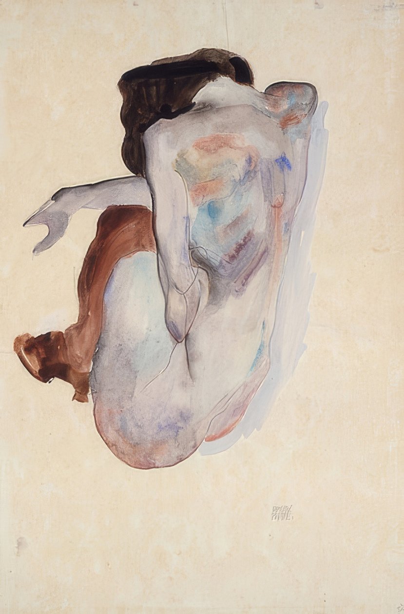 Przyczajona naga w butach i czarnych pończochach, widok z tyłu. 1912 autorstwa Egon Schiele