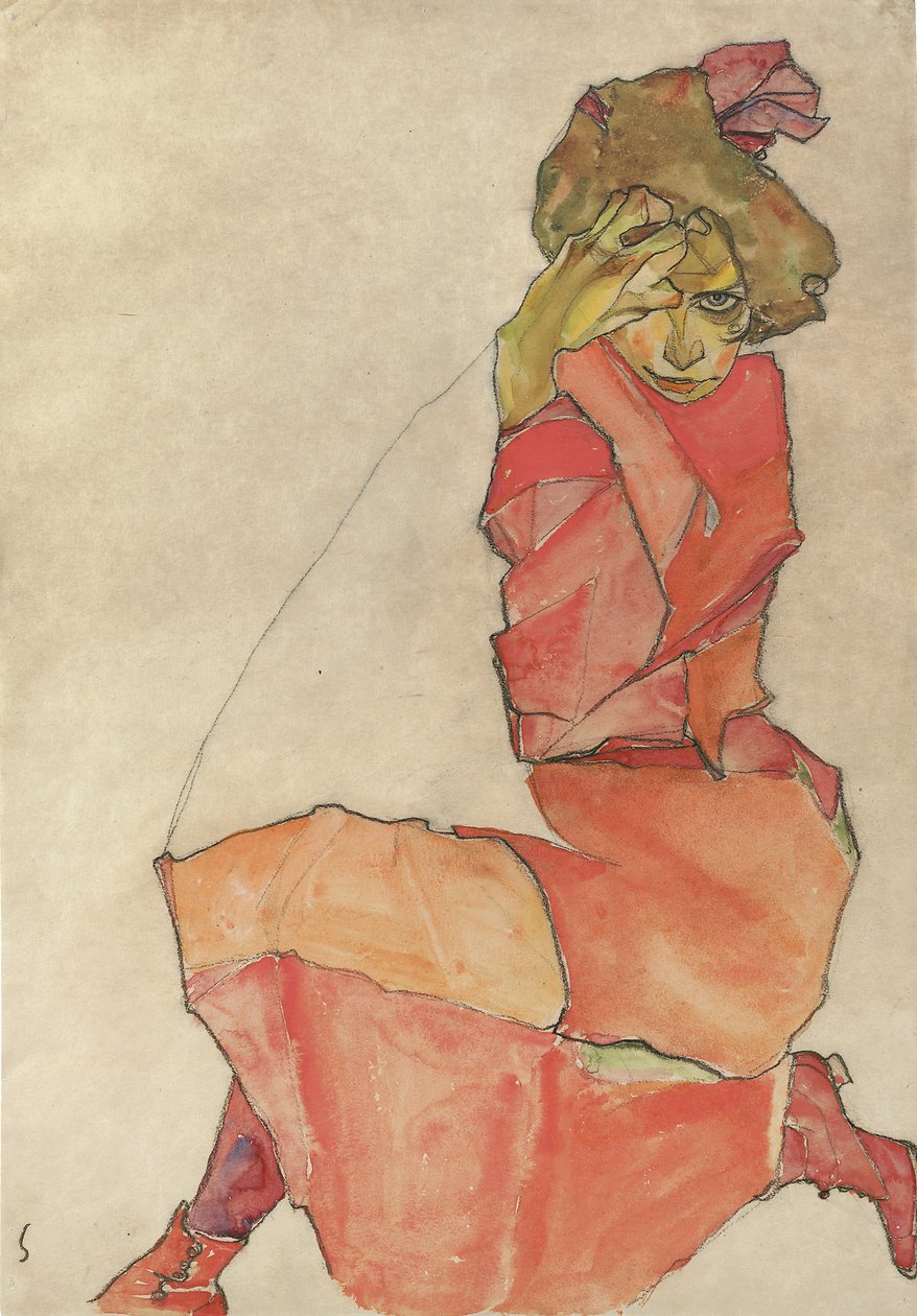 Klęcząca kobieta w pomarańczowo-czerwonej sukience, 1910 autorstwa Egon Schiele