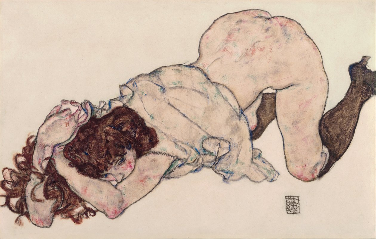 Klęcząca dziewczyna, spoczywająca na obu łokciach, 1917 autorstwa Egon Schiele
