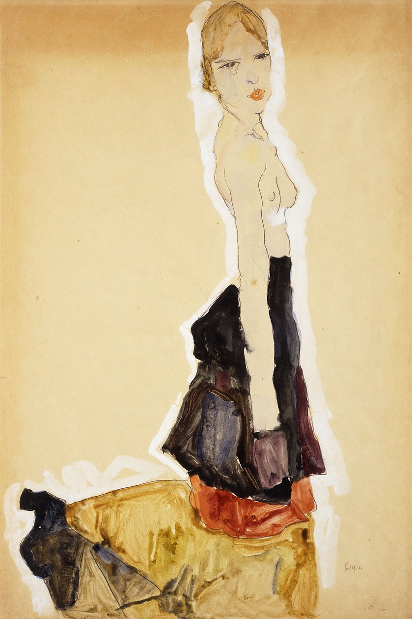 Klęcząca dziewczyna z hiszpańską spódnicą; Klęcząca dziewczyna w hiszpańskiej spódnicy, 1911 autorstwa Egon Schiele