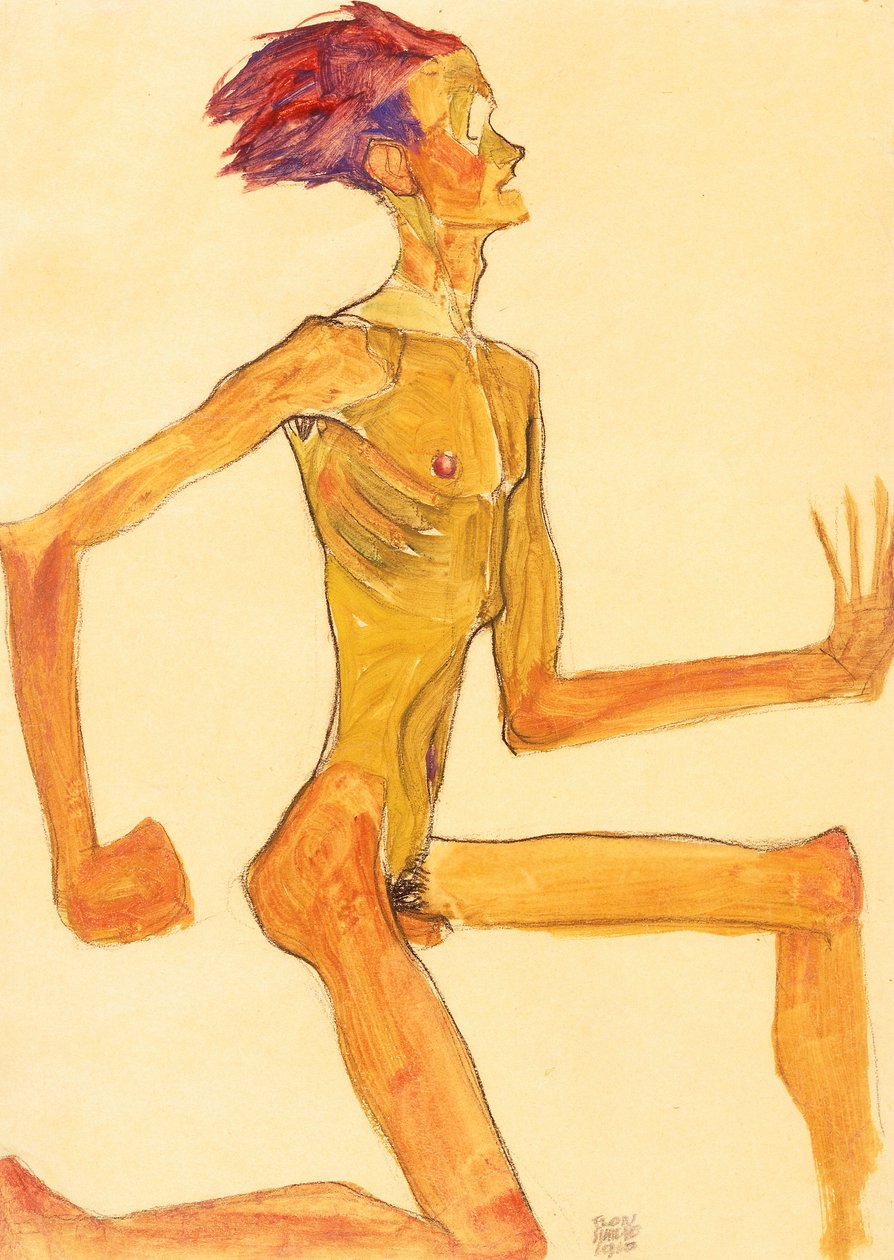 Klęczący nagi mężczyzna w prawym profilu autorstwa Egon Schiele