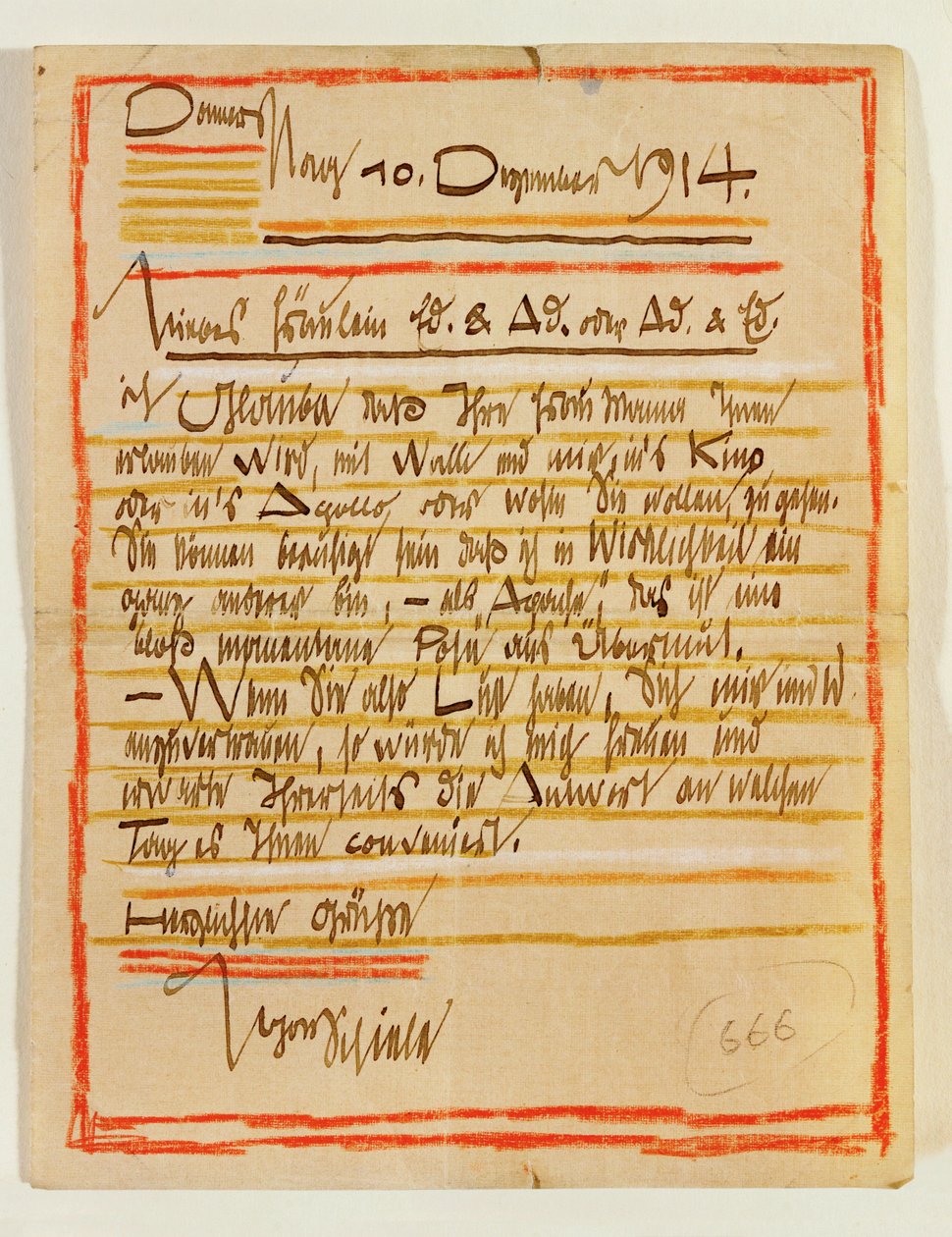 Artystycznie opracowany list Egona Schiele do sióstr Edith i Adele Harms z datą 10 ... (tusz, kredki) autorstwa Egon Schiele
