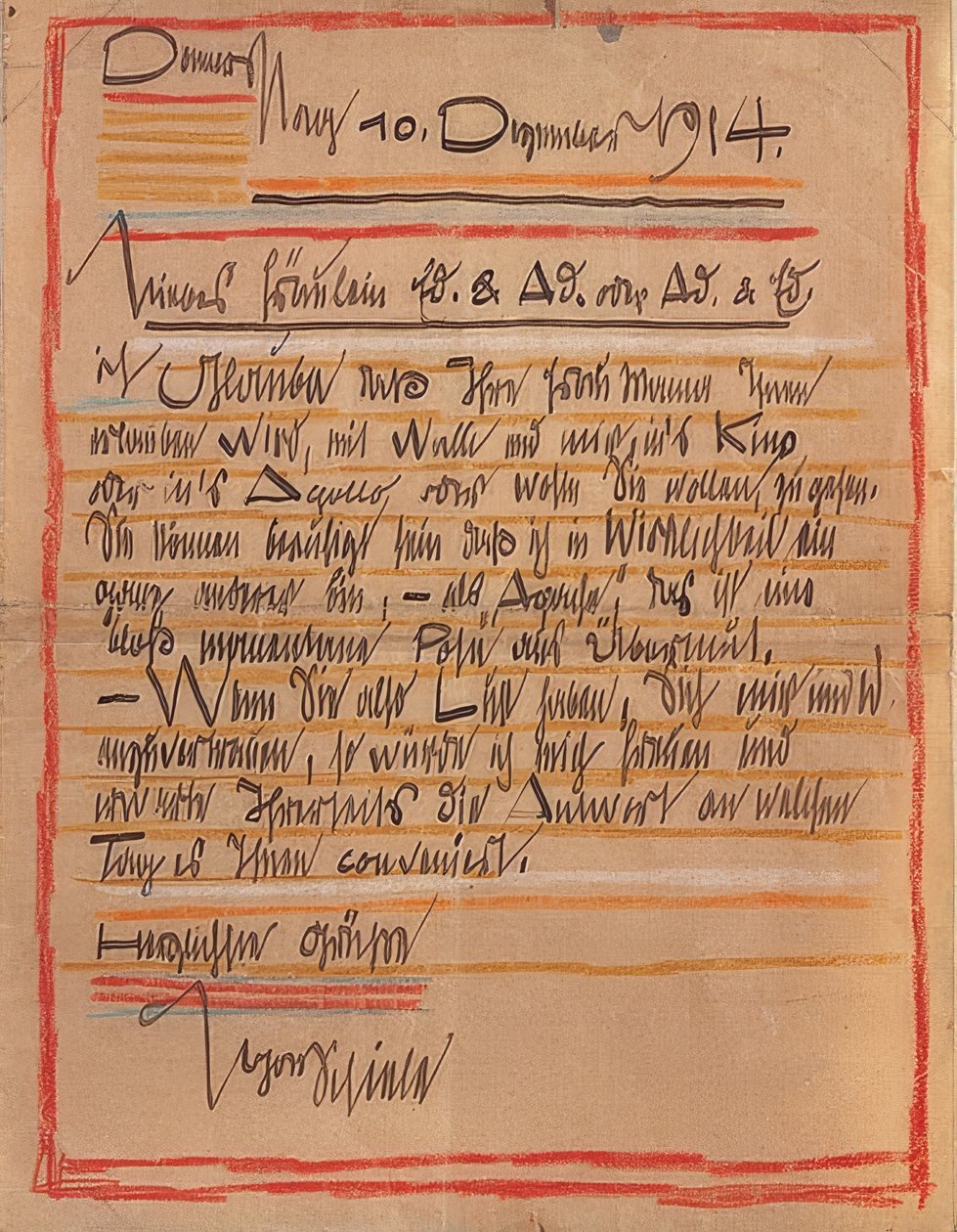 Artystycznie zaprojektowany list Egona Schiele do sióstr Edith i Adele Harms z 10 grudnia 1914 autorstwa Egon Schiele