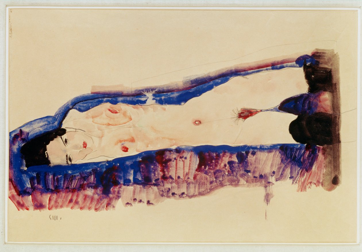 Leżący akt w czarnych pończochach ... (akwarela i ołówek) autorstwa Egon Schiele