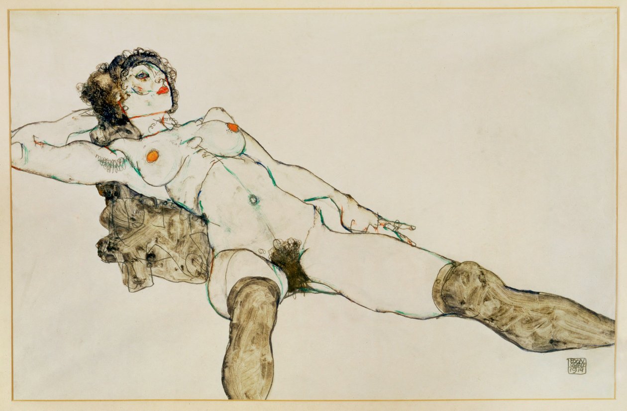 Leżący akt kobiecy z rozłożonymi nogami ... (gwasz i ołówek) autorstwa Egon Schiele