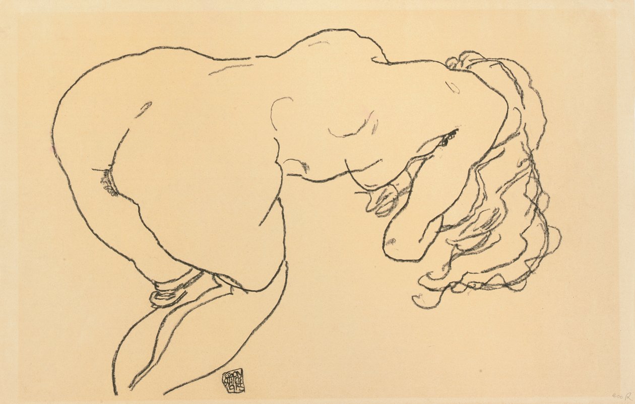 Długowłosy nago, pochylony do przodu, widok z tyłu; Langhaariger Akt, vornubergebeugt, Ruckenansicht, 1918 autorstwa Egon Schiele