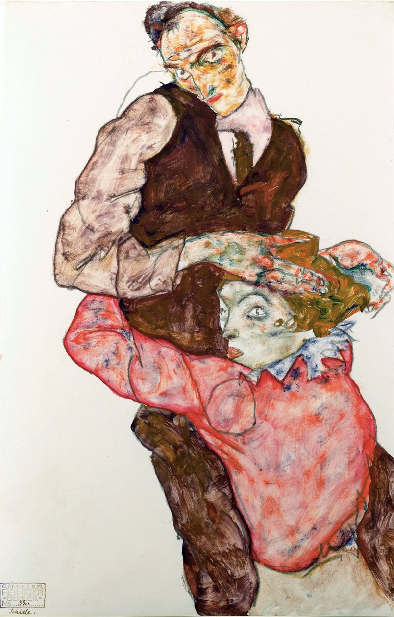 Kochankowie - Schiele, Egon (1890-1918) - 1914-1915 - Czarna kreda, Gwasz na papierze - 47,4x30,5 - Muzeum Leopolda, Wiedeń autorstwa Egon Schiele