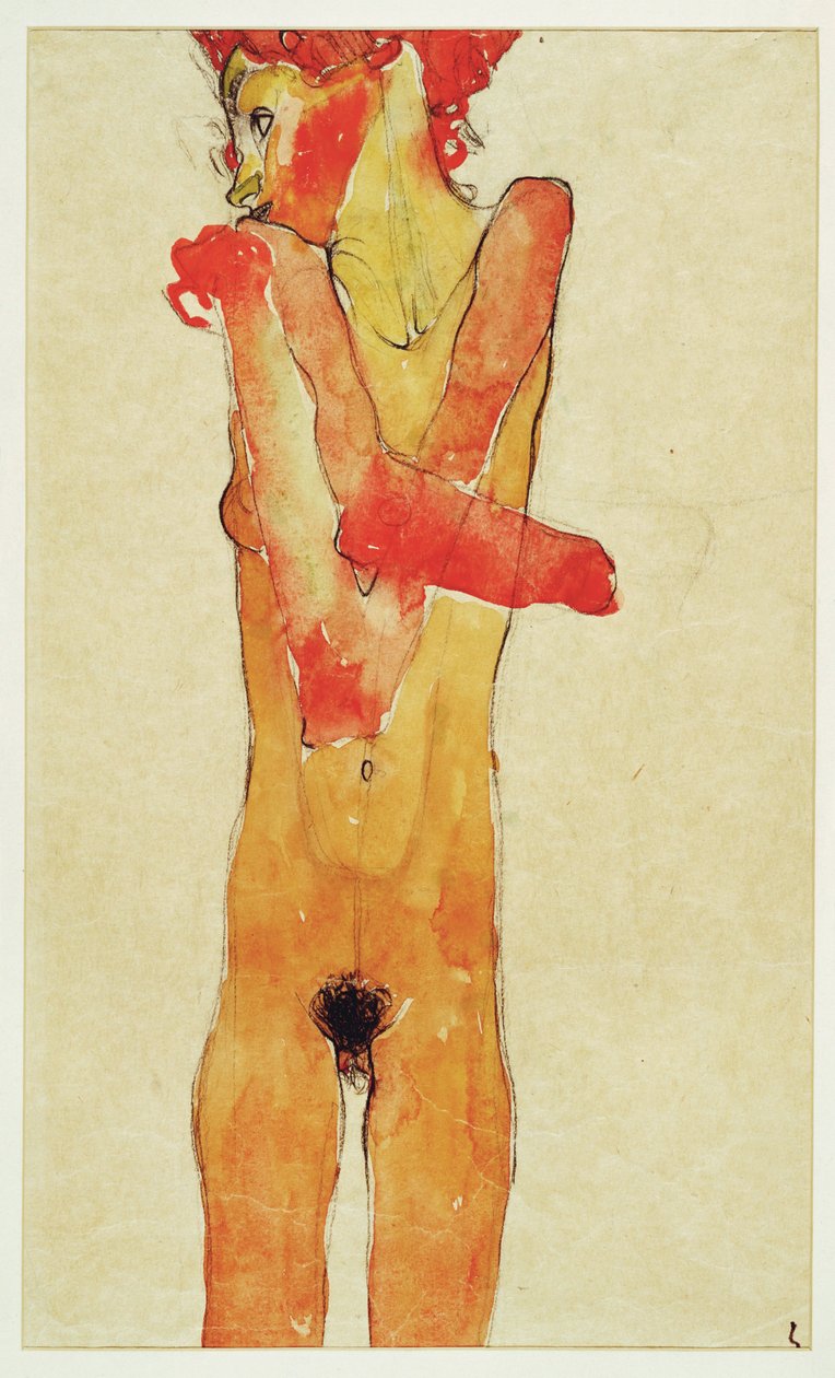 Maedchenakt mit verschraenkten Armen (naga dziewczyna z ... (akwarela i węgiel) autorstwa Egon Schiele