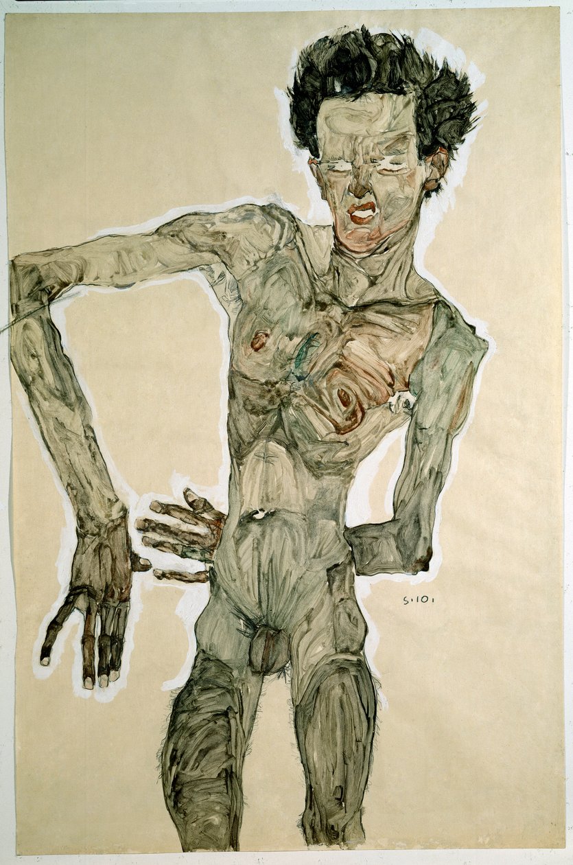 Akt męski (autoportret). Rysunek Egona Schiele (1890-1918), 1910. Ołówek, akwarela i tempera na papierze. Wymiary: 55,7x36,8cm. Wiedeń, Graphische Sammlung Albertina autorstwa Egon Schiele