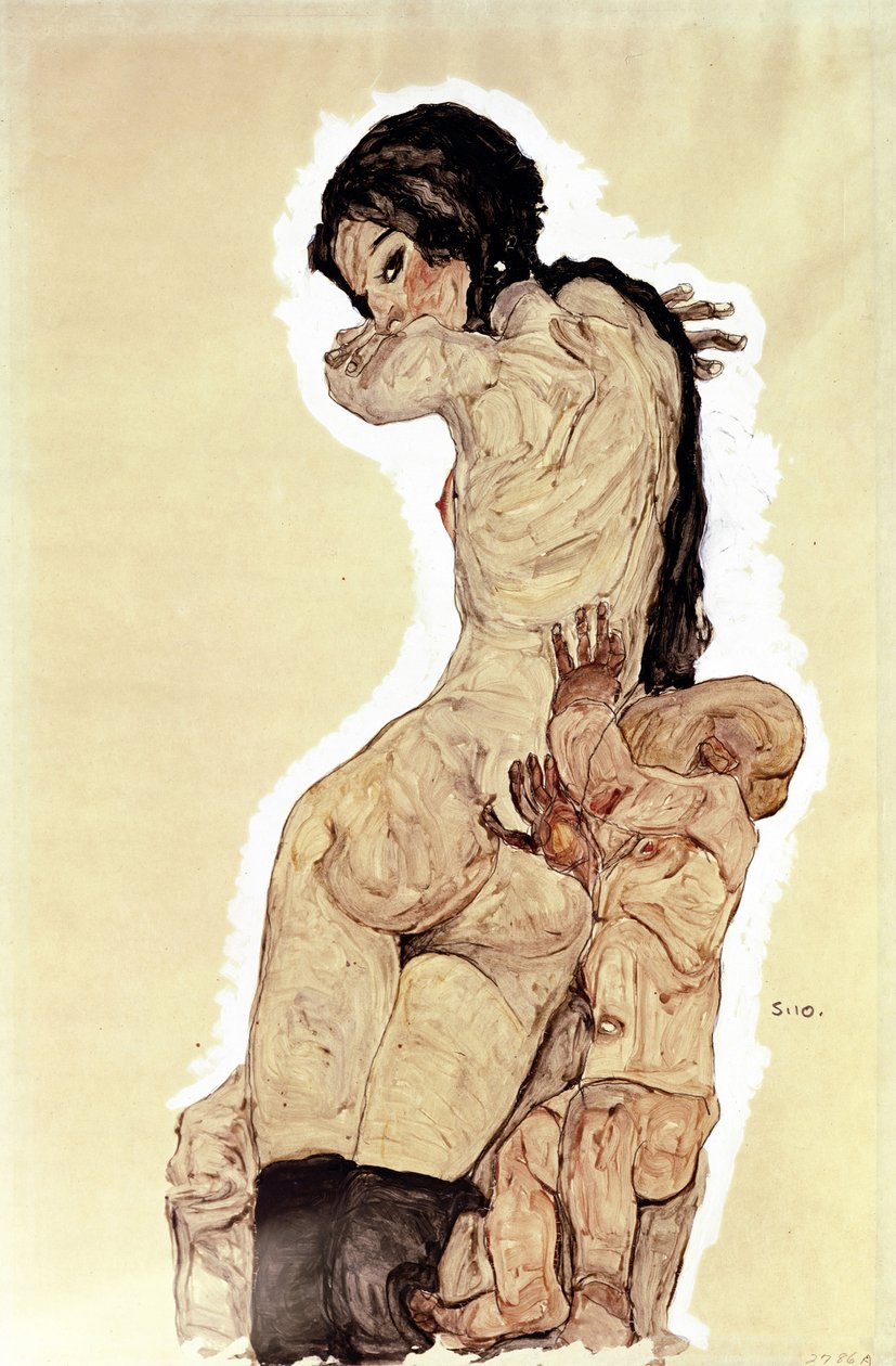 Matka i dziecko. (Matka i dziecko). Praca Egona Schiele (1890-1918), akwarela i gwasz na papierze autorstwa Egon Schiele