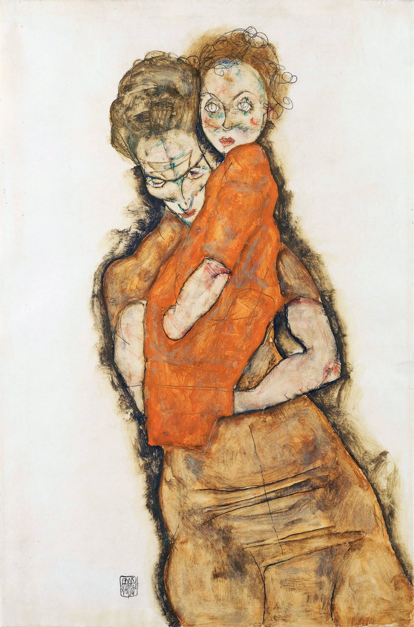 Matka i dziecko - Schiele, Egon (1890-1918) - 1914 - Czarna kreda, Gwasz na papierze - 48,2x31,9 - Muzeum Leopolda, Wiedeń autorstwa Egon Schiele