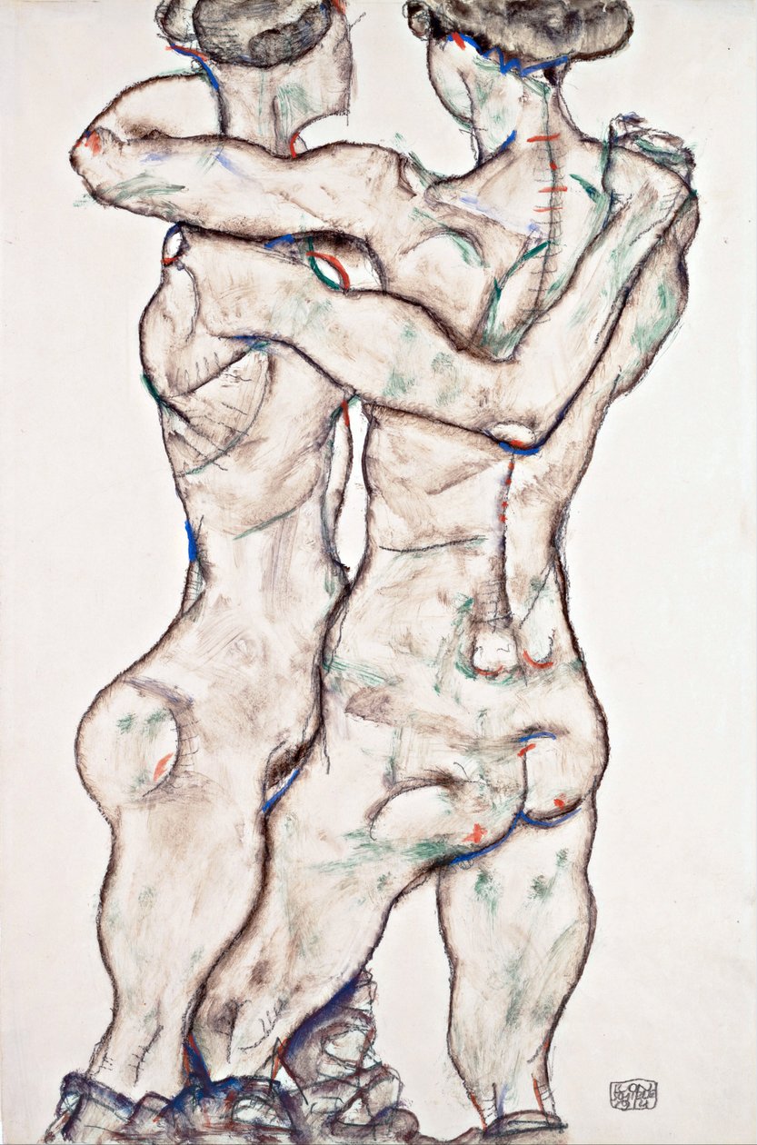 Nagie dziewczyny w objęciach - Schiele, Egon (1890-1918) - 1914 - Czarna kreda, gwasz na papierze - 48x31,2 - Muzeum Leopolda, Wiedeń autorstwa Egon Schiele