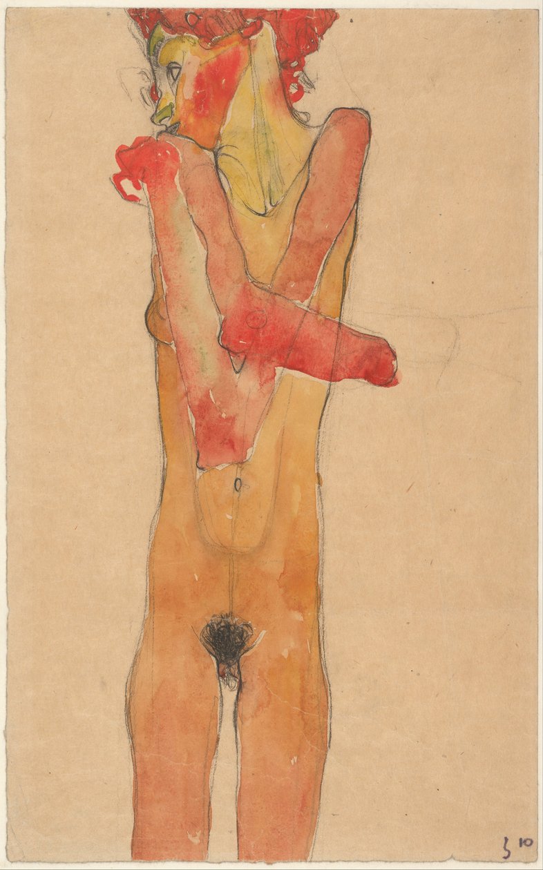 Naga dziewczyna ze złożonymi ramionami, 1910 autorstwa Egon Schiele
