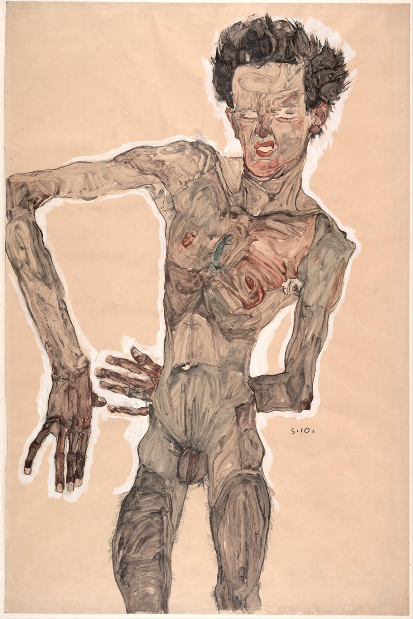 Nagi autoportret, grymasy, 1910 autorstwa Egon Schiele