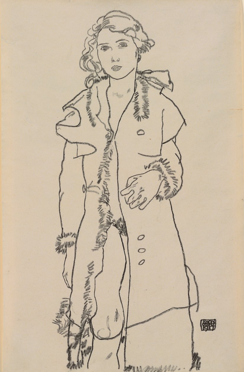 Nude z futrzanym płaszczem; Naga dziewczyna w futrzanym płaszczu, 1917 autorstwa Egon Schiele