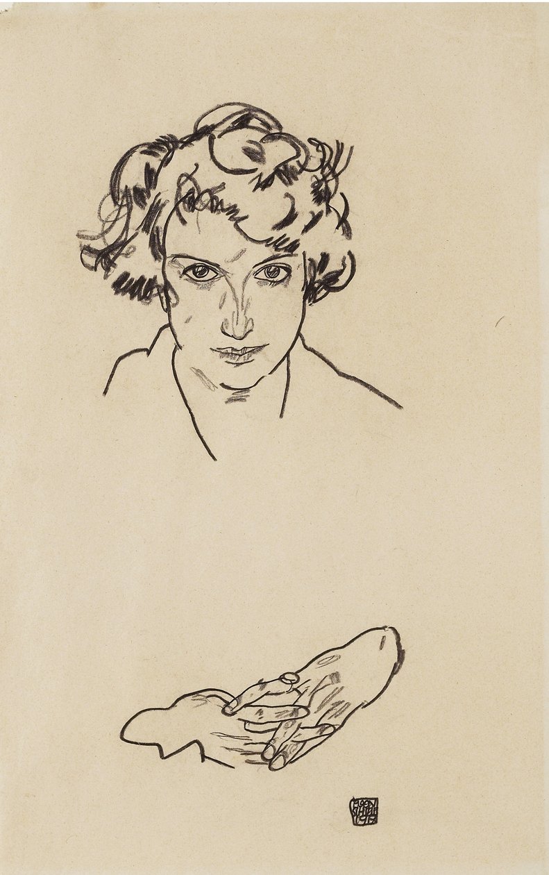 Portret dziewczynki, 1917 (czarna kredka na tkanym papierze) autorstwa Egon Schiele