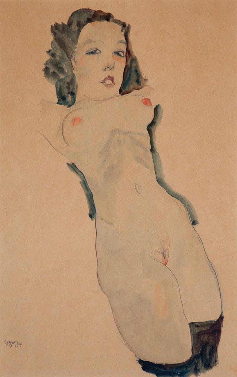 Leżąc nago w czarnych pończochach autorstwa Egon Schiele