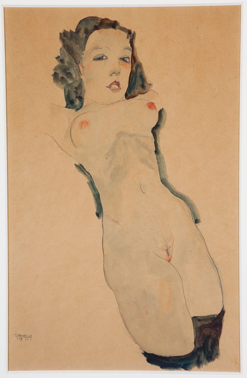 Leżąc nago z czarnymi pończochami; Leżący akt w czarnych pończochach, 1911 autorstwa Egon Schiele