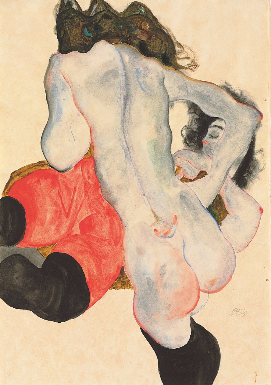 Leżąca kobieta w czerwonych spodniach i stojąca naga kobieta, 1912 autorstwa Egon Schiele
