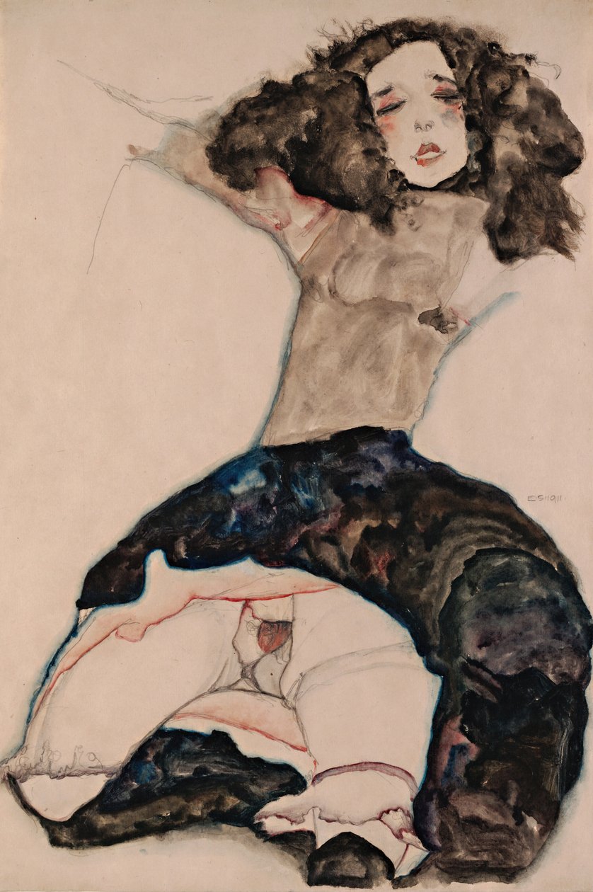 Czarnowłosa dziewczyna z podwiniętą spódnicą autorstwa Egon Schiele