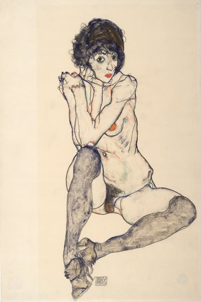 Siedząca kobieta nago, łokcie spoczywające na prawym kolanie, 1914. autorstwa Egon Schiele