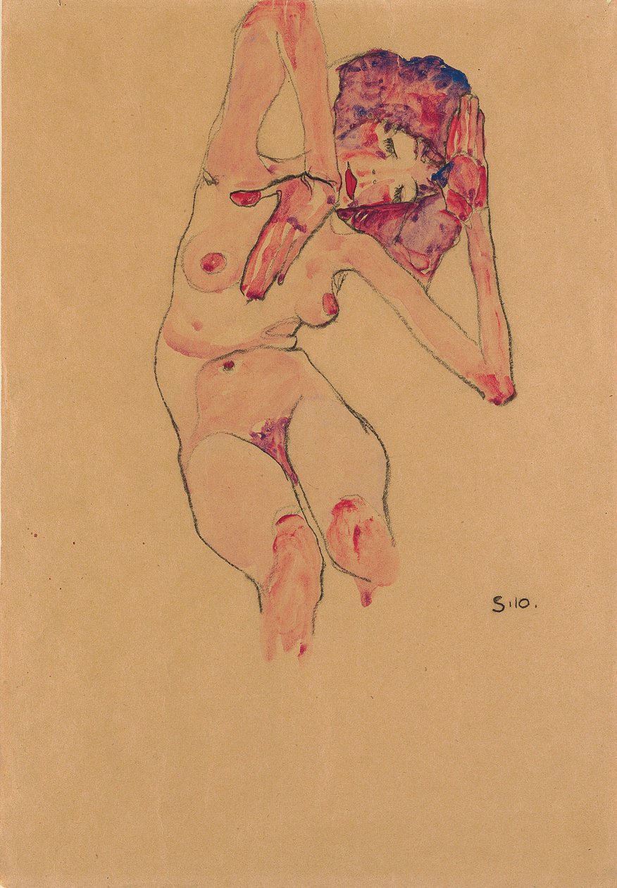 Siedząca kobieta nago z pochyloną głową i podniesionymi rękami; Siedzący nagi z pochyloną głową i podniesionymi rękami, 1910 autorstwa Egon Schiele