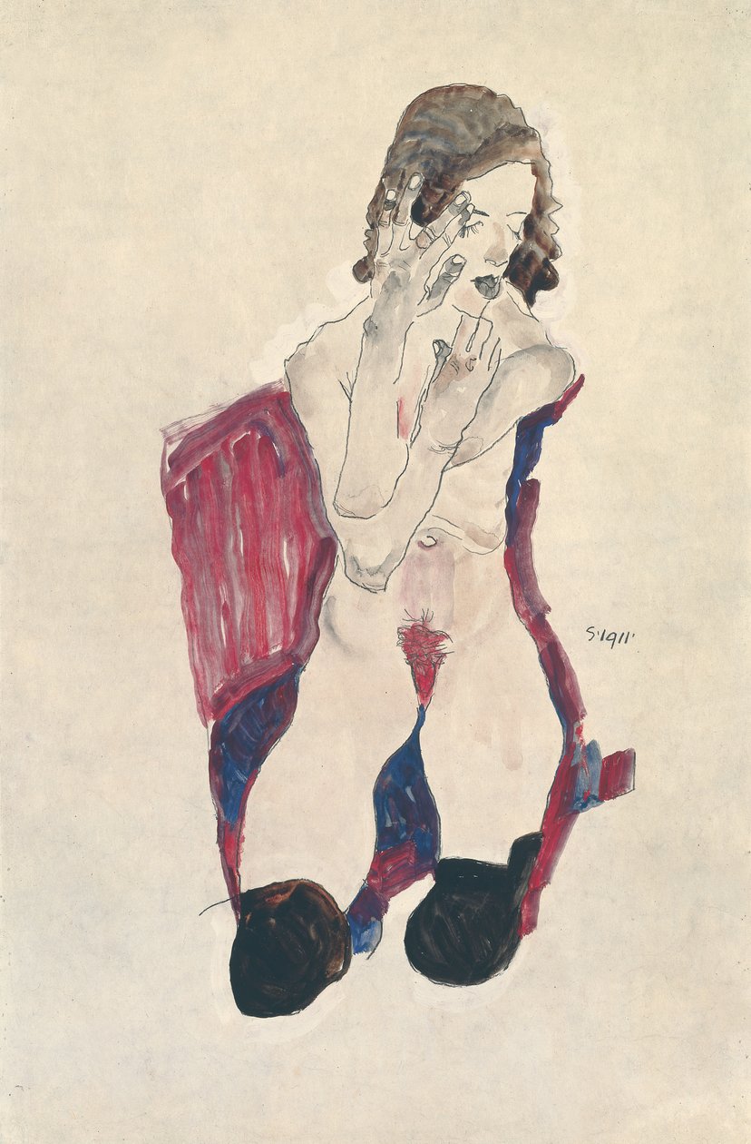 Posadzona dziewczyna z czarnymi pończochami i fałdowymi rękami; Siedząca dziewczyna w czarnych pończochach i uniesionych dłoniach, 1911 autorstwa Egon Schiele