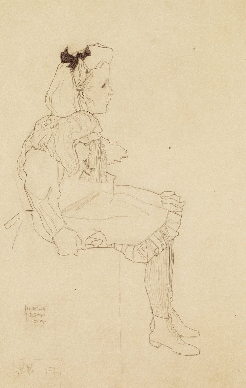 Siedząca dziewczyna z kokardą we włosach, 1909 autorstwa Egon Schiele